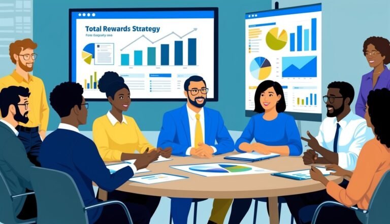 Business team meeting around a table with charts and graphs on screens