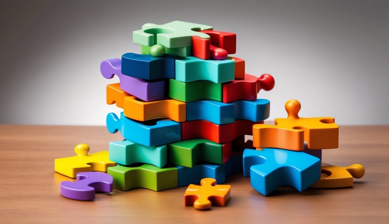 Stack of colorful puzzle pieces on a wooden surface