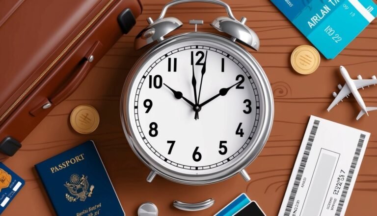 Alarm clock, passport, tickets, suitcase, and airplane on a wooden table