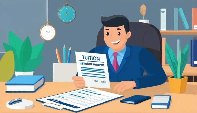Man in suit holding tuition reimbursement form at desk
