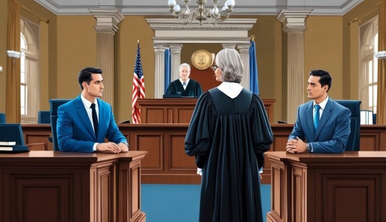 Courtroom scene with judge, two lawyers, and American flag