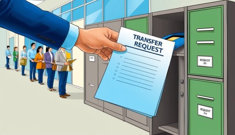 Hand holding a transfer request form with people waiting in line