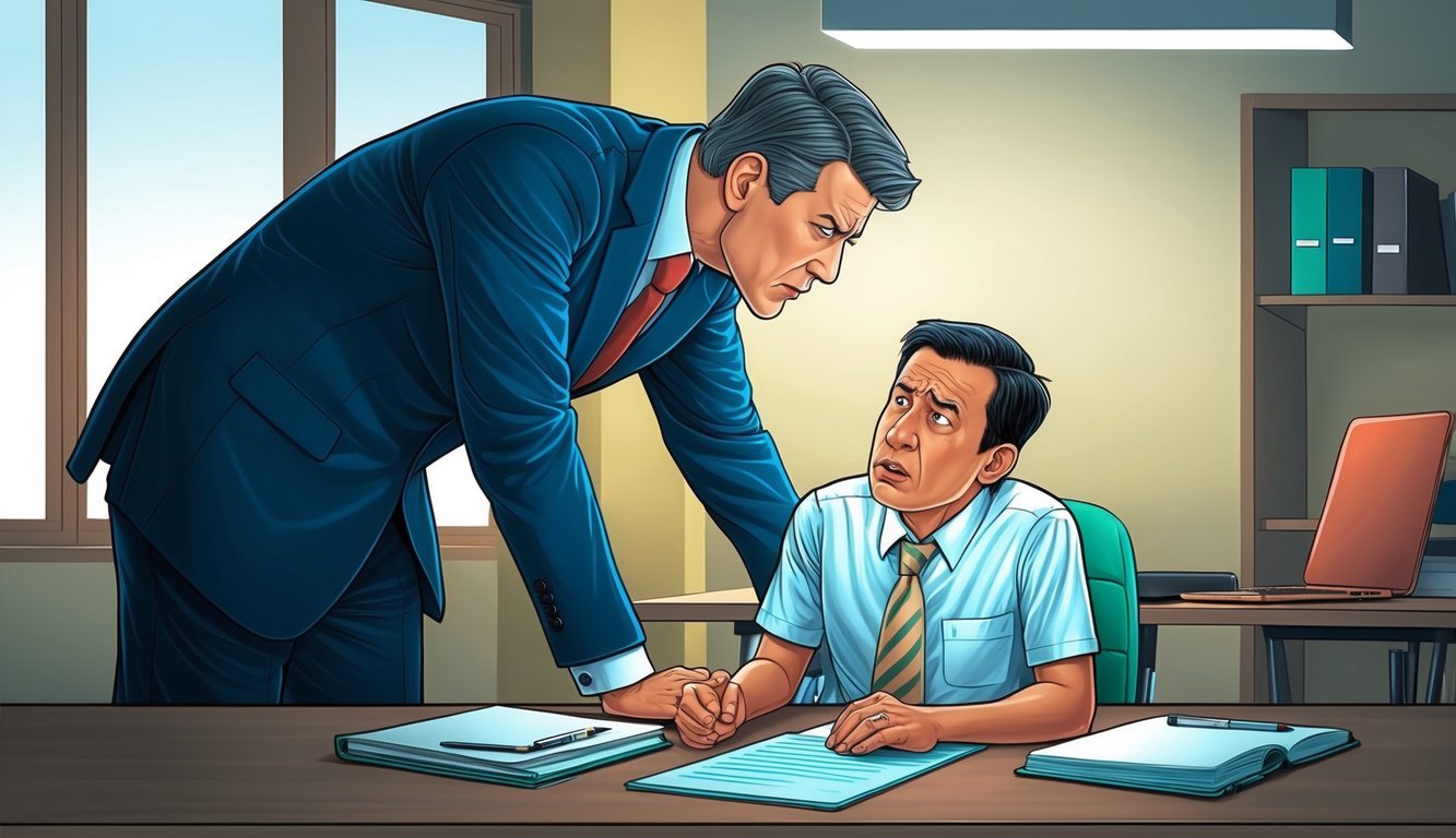 A tense office setting with a dominant figure looming over a smaller, intimidated individual.</p><p>The smaller figure looks uncomfortable and distressed