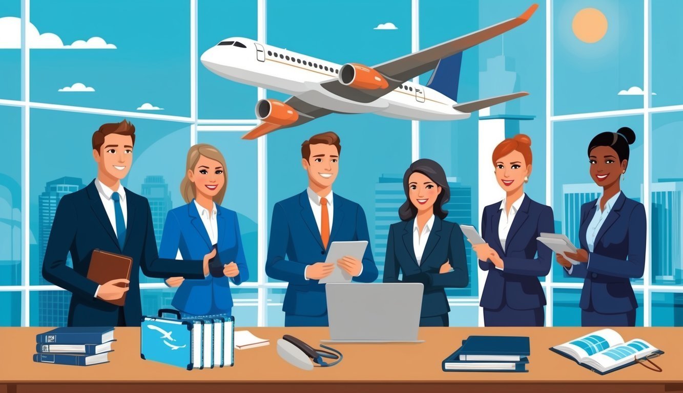 Business team in office with airplane flying overhead