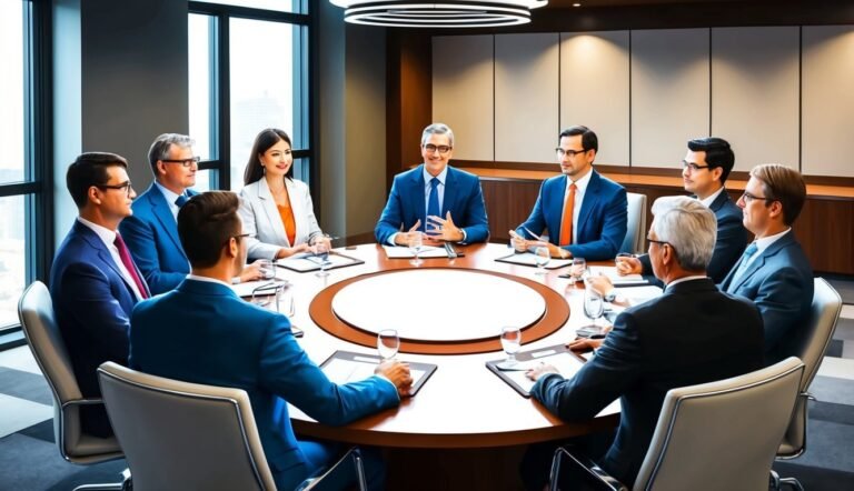 Business professionals in suits sitting around a large, round conference table