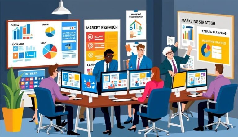 Business team meeting around a table with computers and marketing charts