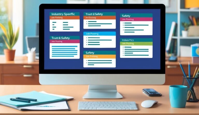 Computer monitor displaying job posting categories on a desk with office supplies