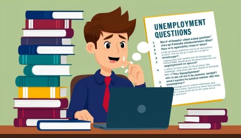 Man at laptop with unemployment questions, books stacked nearby