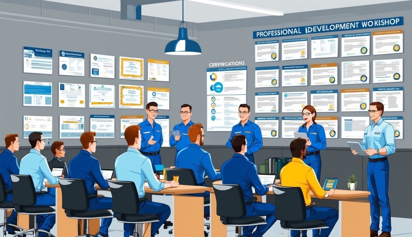 Professional development workshop with people in blue uniforms, presentations on wall