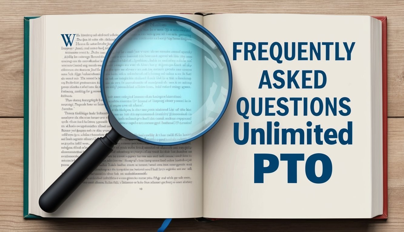 Open book with magnifying glass over text, "Frequently Asked Questions Unlimited PTO"