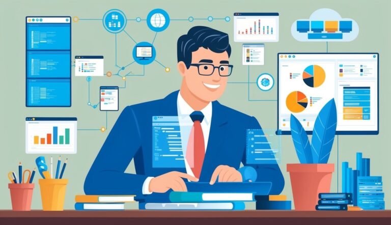 Smiling businessman in suit surrounded by data visualizations and charts