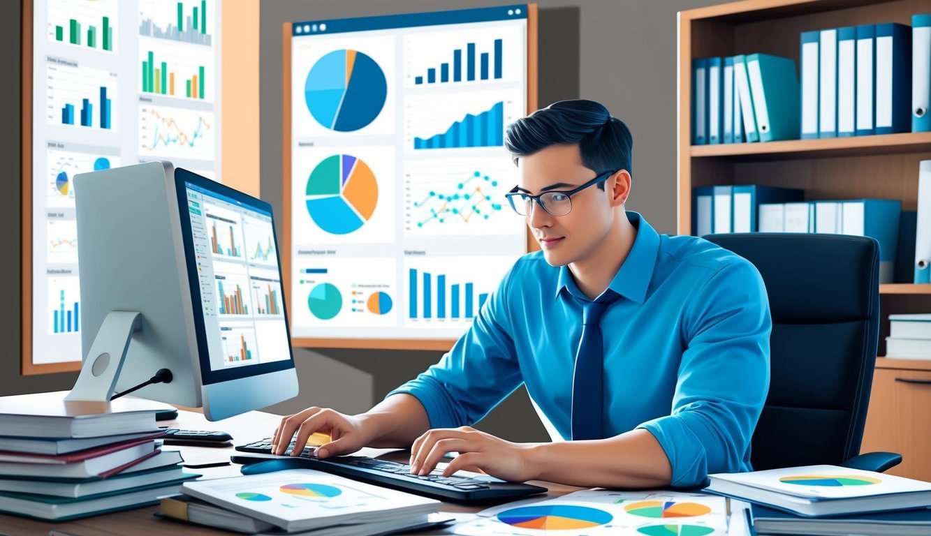 A data analyst at a desk, surrounded by charts and graphs, typing on a computer, with a bookshelf of reference materials in the background