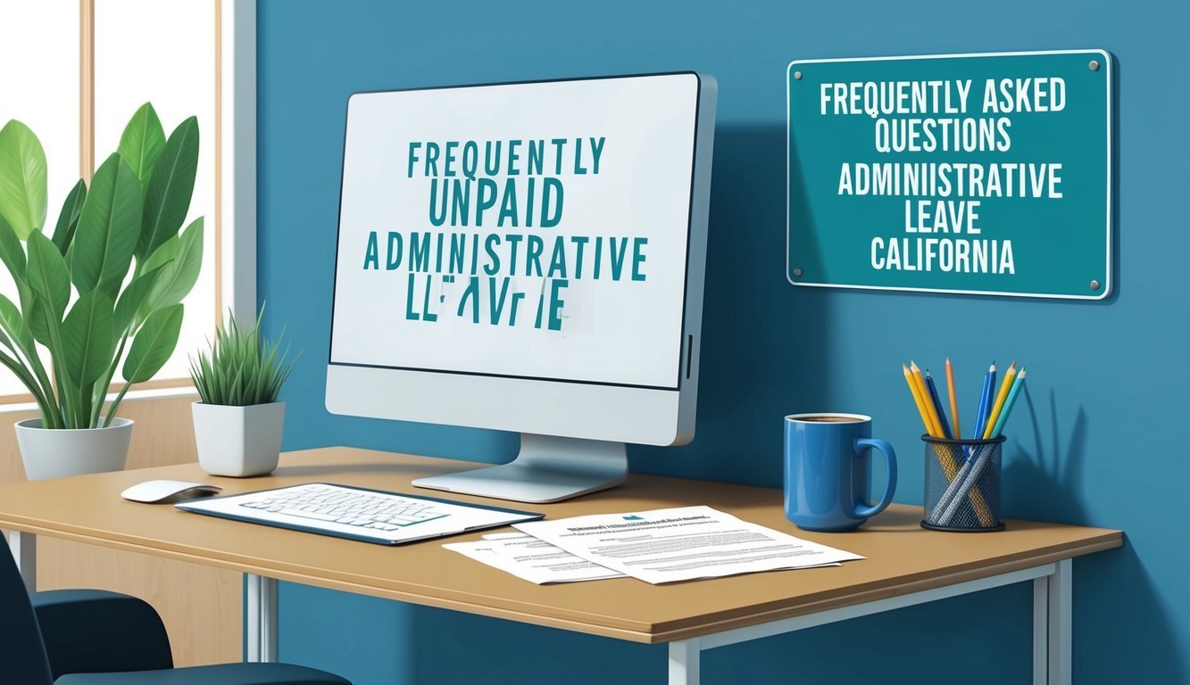 An office desk with a computer, paperwork, and a mug of coffee.</p><p>A sign on the wall reads "Frequently Asked Questions Unpaid Administrative Leave California."