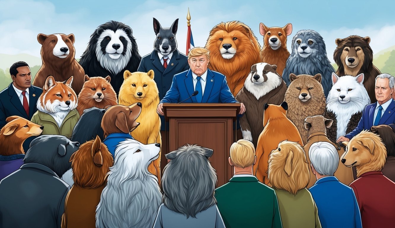 A diverse group of animals gather around a podium, each representing a different type of leader - from strong and assertive to calm and diplomatic