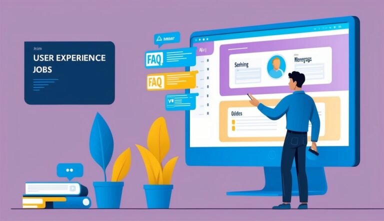 Man looking at a computer screen with UX job information and FAQ buttons