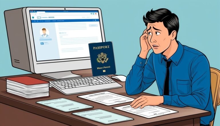 Worried man with passport and documents at a computer desk