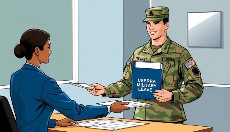 Soldier in uniform hands "USERRA Military Leave" folder to a woman
