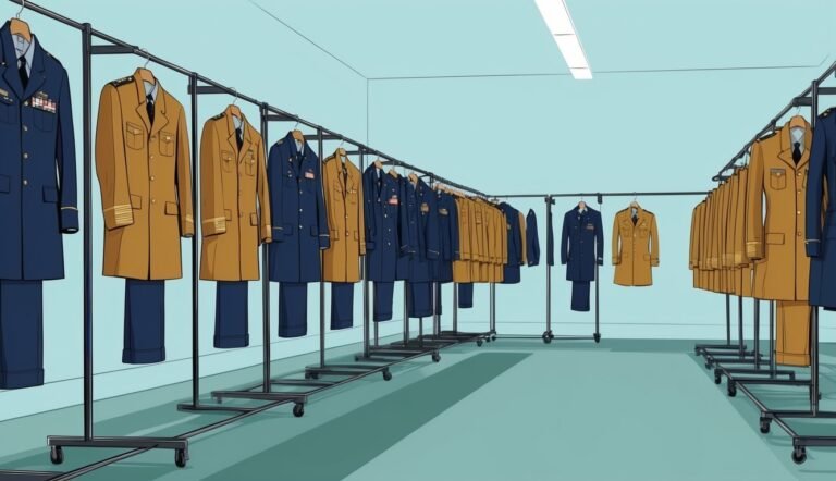 Rows of military uniforms hanging on rolling racks in a room