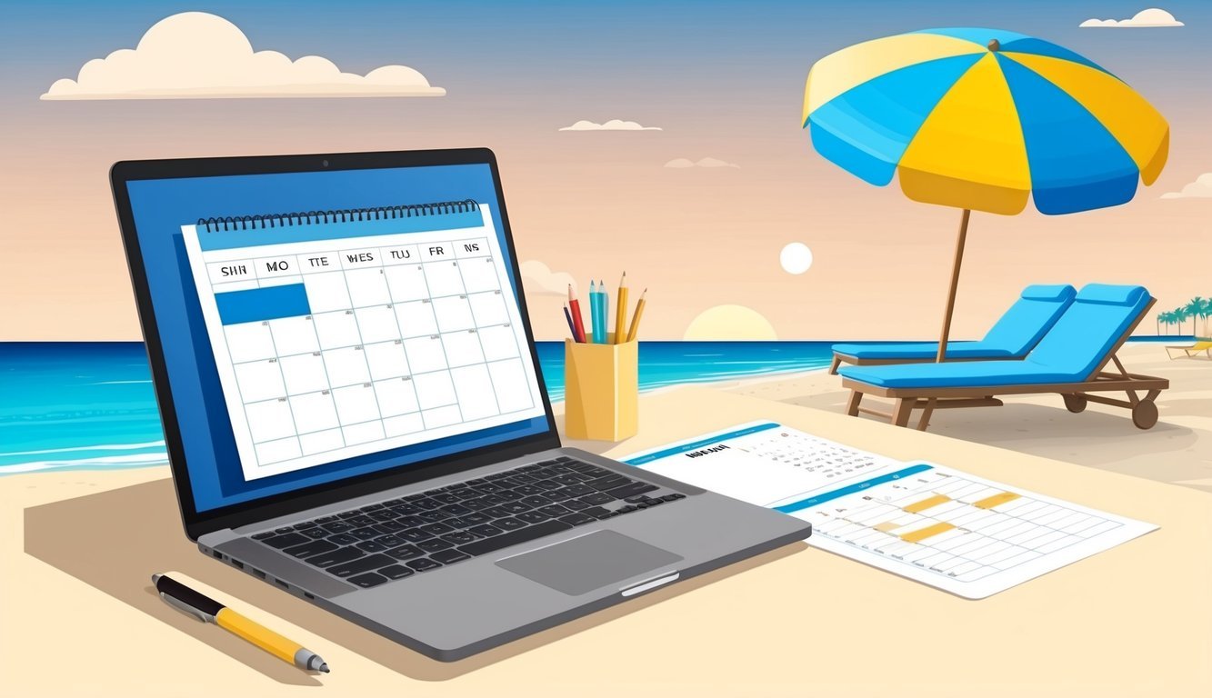 A desk with a laptop, calendar, and documents.</p><p>A beach scene in the background with a sun umbrella and lounge chair