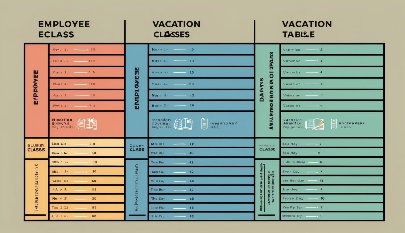 A table with separate columns for different employee classes and corresponding vacation days