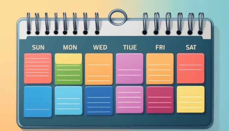 Colorful calendar with days of the week, each day with a colored block