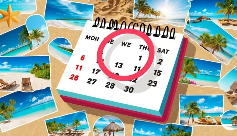 Calendar with a date circled, surrounded by beach vacation photos