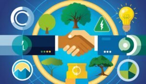 Handshake surrounded by environmental icons, trees, and lightbulb