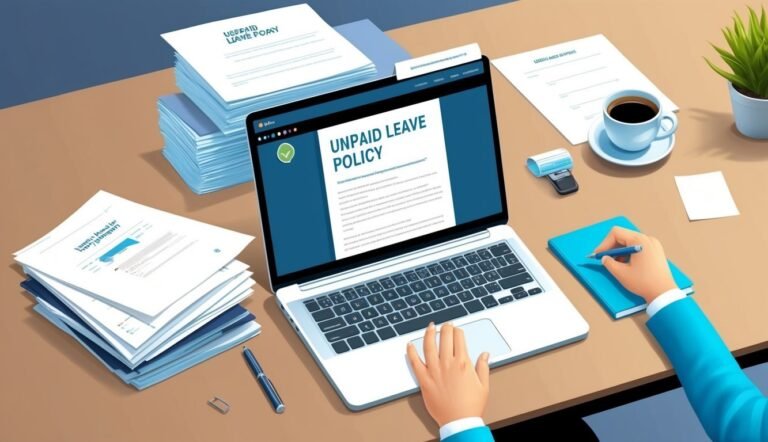Laptop displaying "Unpaid Leave Policy" with documents, coffee, and a person writing