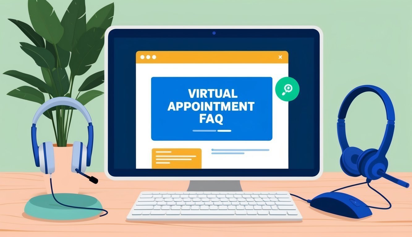 Computer screen with "Virtual Appointment FAQ" and headsets