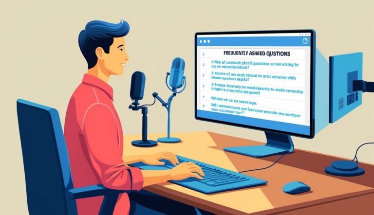 Man at computer with microphones, looking at "Frequently Asked Questions" on screen