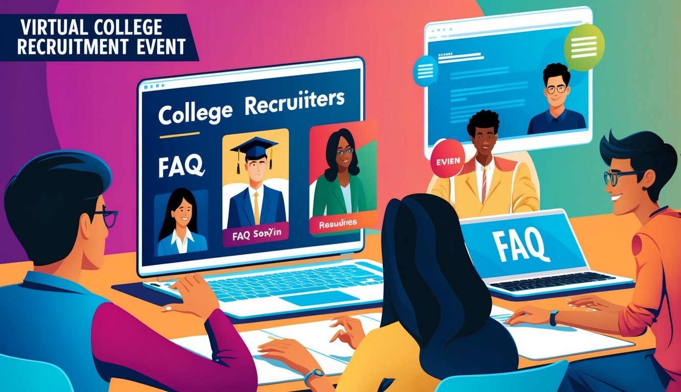 A virtual college recruitment event with a FAQ section, laptops, and students engaging with recruiters