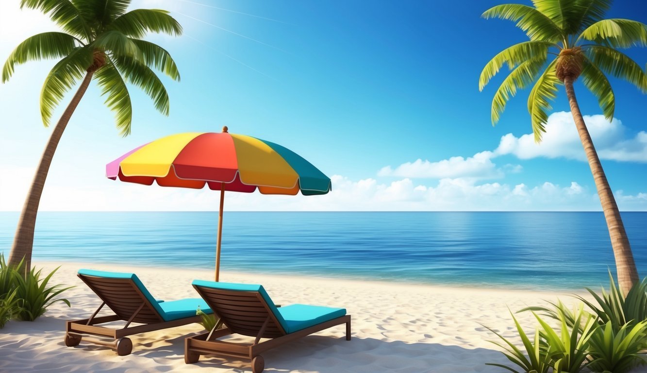 A beach with a colorful umbrella, lounge chairs, and a clear blue sky, surrounded by palm trees and a calm ocean