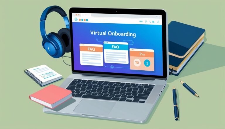 Laptop screen with virtual onboarding, headphones, notebooks, and pens