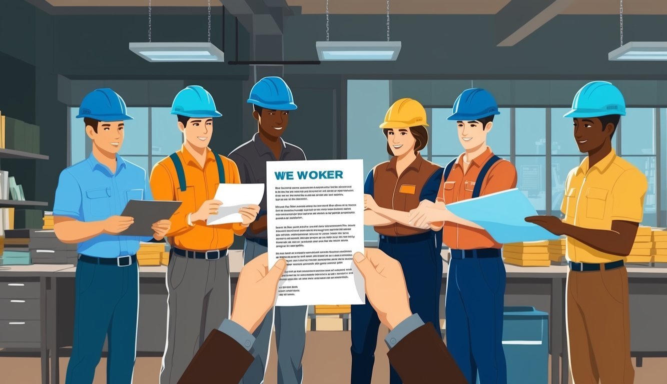 A group of workers receiving a notice from their employer in a Florida workplace setting