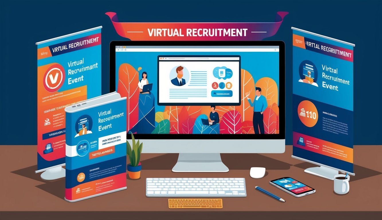 A computer screen surrounded by virtual recruitment event branding, with a banner and logo