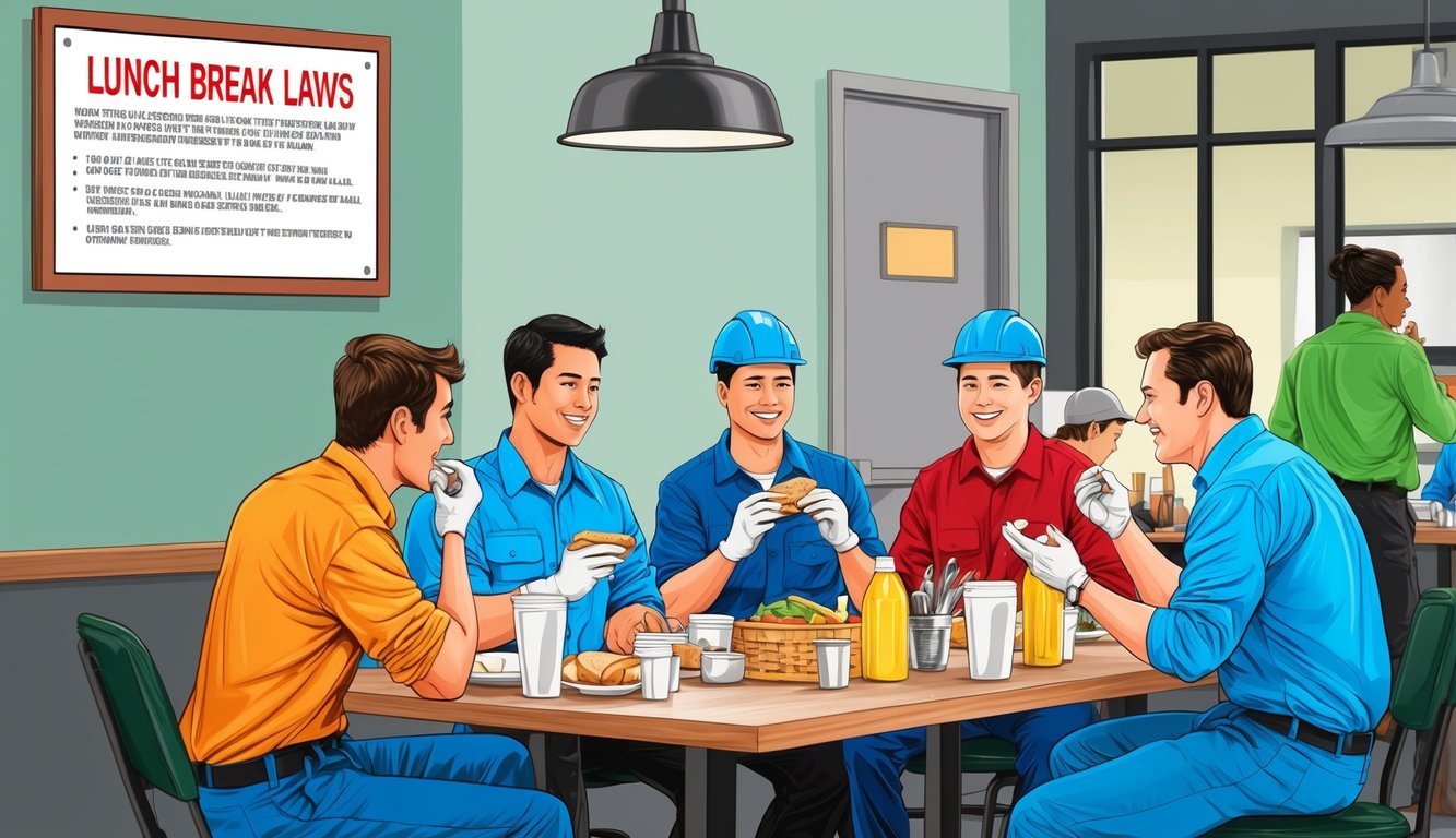 A group of workers on a lunch break, some eating while others chat.</p><p>A sign with lunch break laws posted on the wall