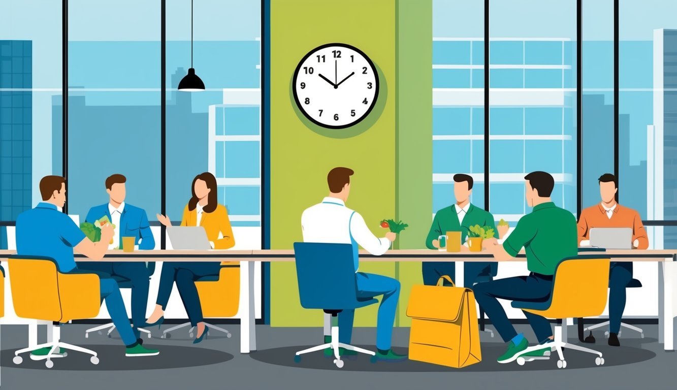 An office setting with a clock showing noon, a lunch bag on a desk, and a group of employees taking a break in a designated area