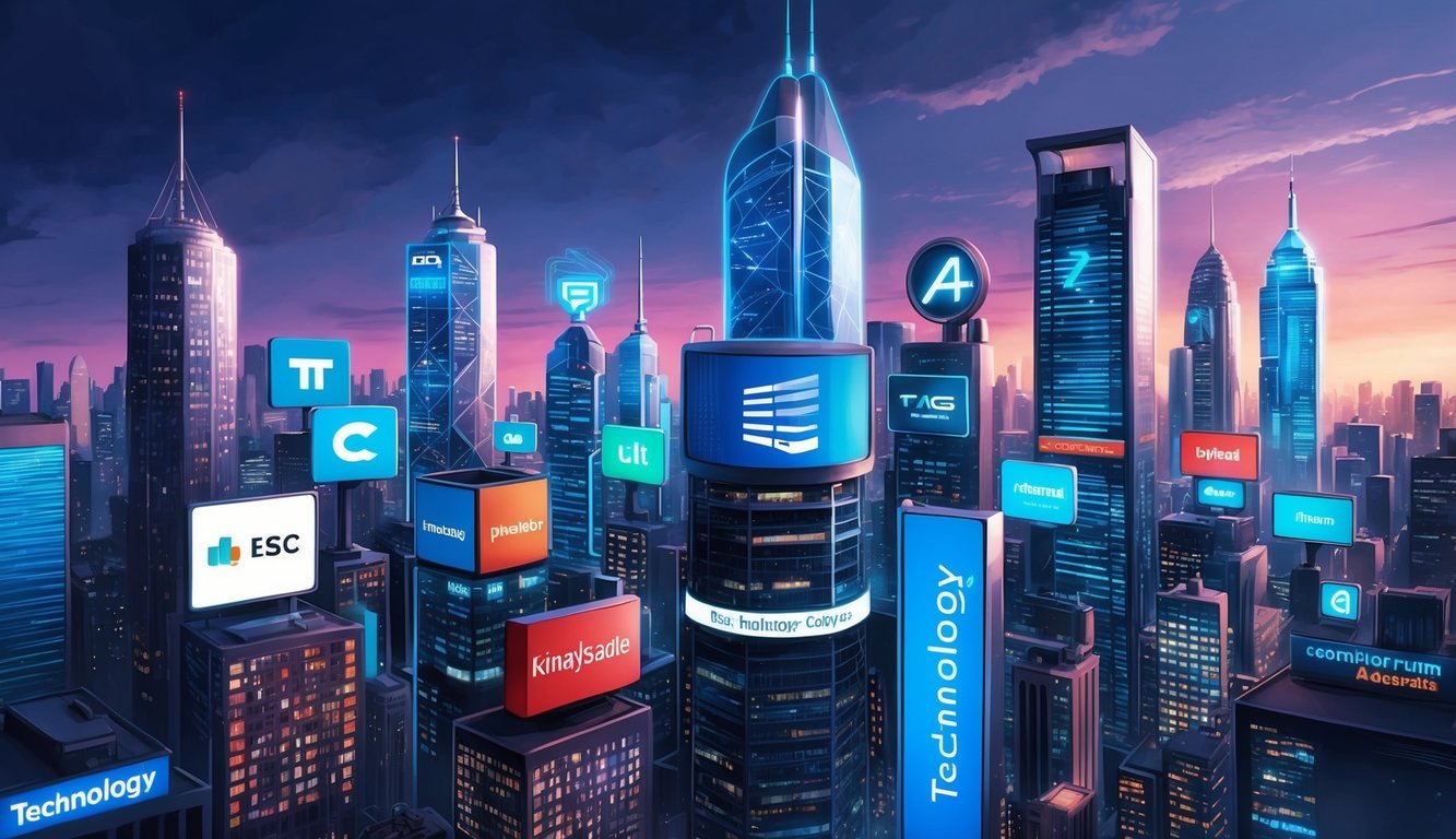 A bustling cityscape with skyscrapers and neon-lit signs, featuring various technology companies' logos prominently displayed