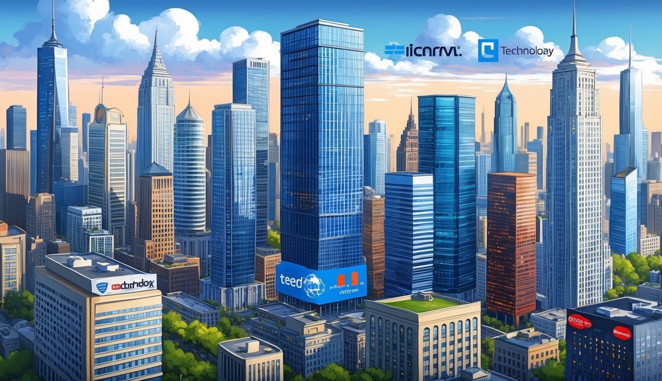 A bustling cityscape with towering skyscrapers, featuring prominent technology companies' logos and headquarters