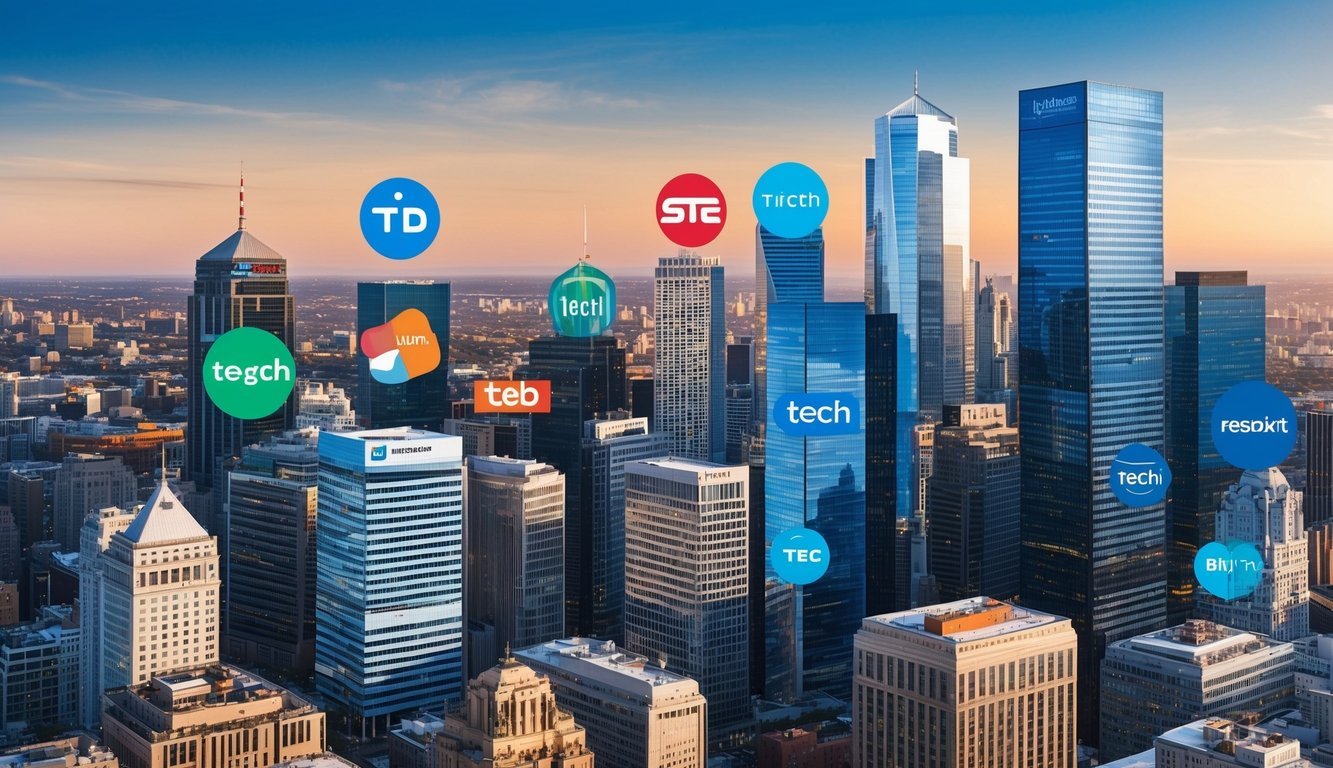 A bustling city skyline with prominent tech company logos on towering buildings