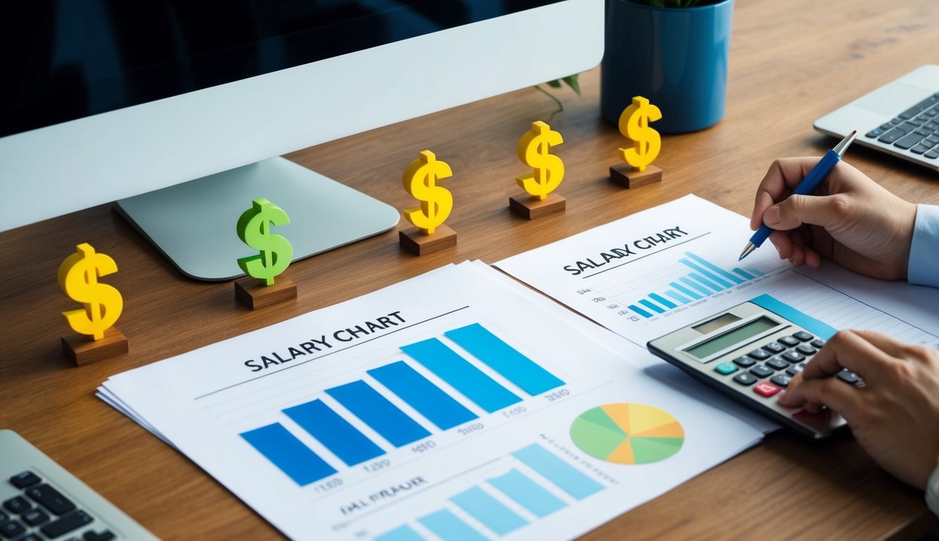 A desk with a computer, calculator, and paperwork.</p><p>A salary chart and dollar signs symbolize pay rates