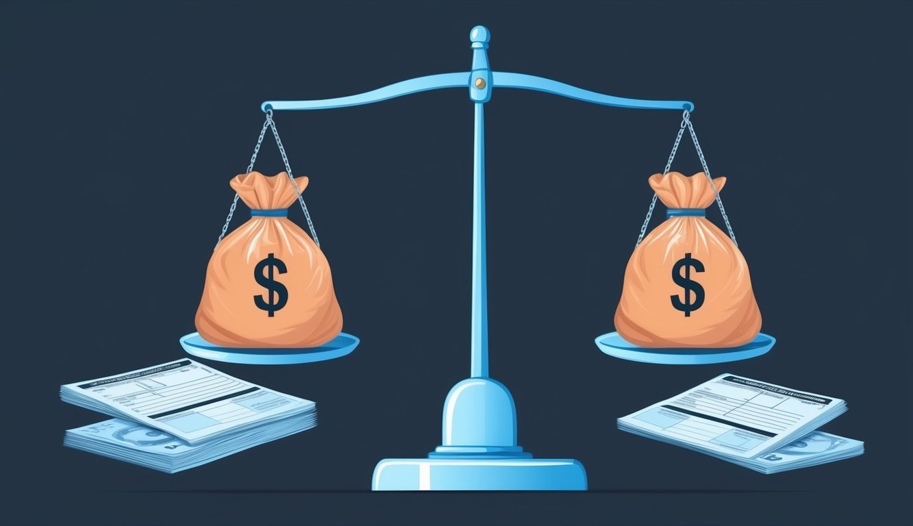 A scale balancing money bags and tax forms