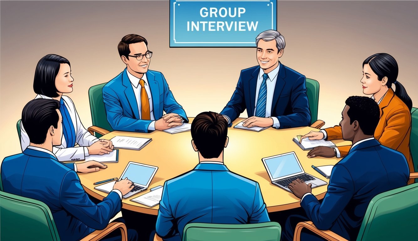 Several individuals seated in a circle, facing each other, with one person leading the discussion.</p><p>A sign or banner indicating "Group Interview" is visible in the background