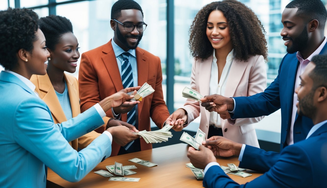 A group of diverse individuals exchanging money in a modern financial setting