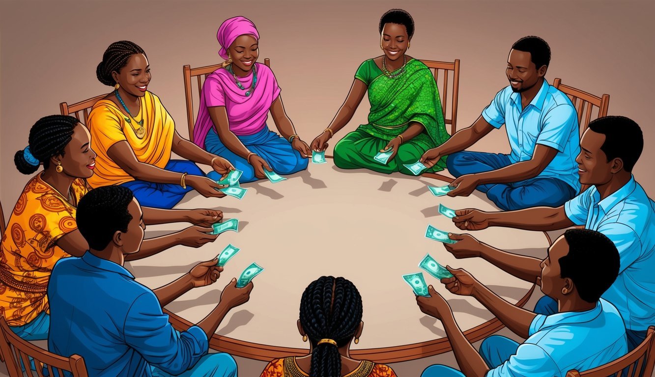 A group of people seated in a circle, passing money to one another in a traditional tanda money exchange