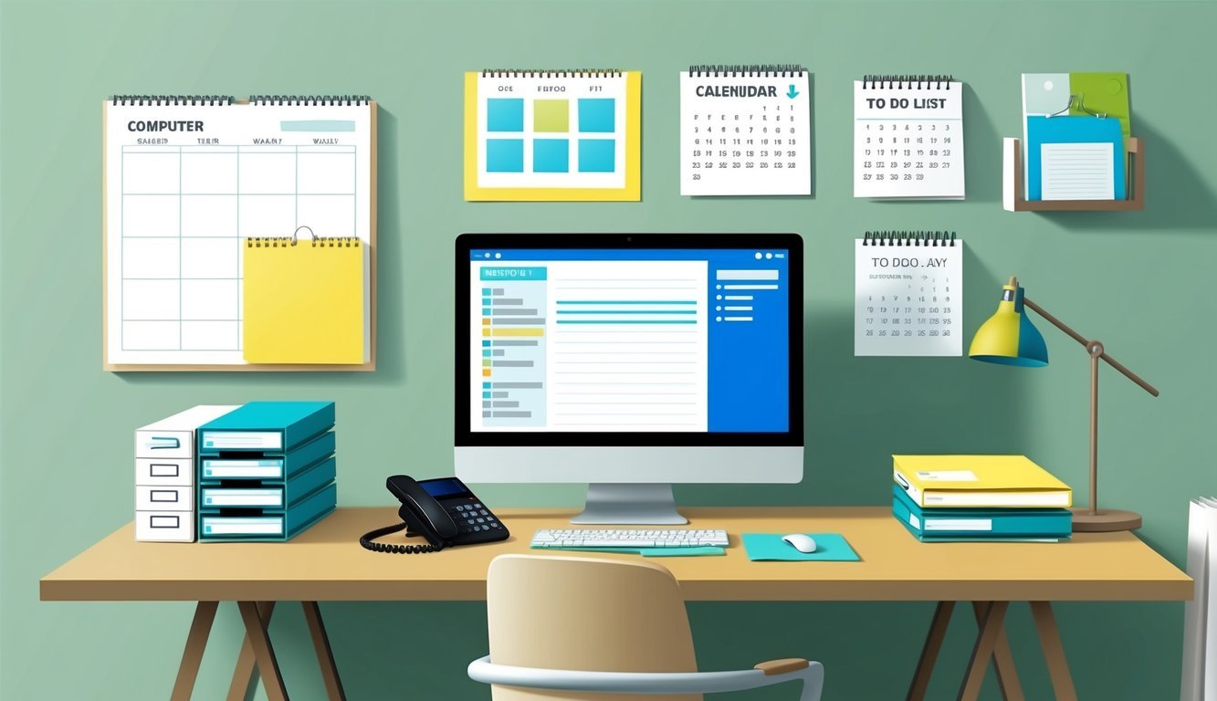 A desk with a computer, phone, and organized files.</p><p>A calendar and to-do list on the wall.</p><p>A professional setting with a sense of organization and productivity