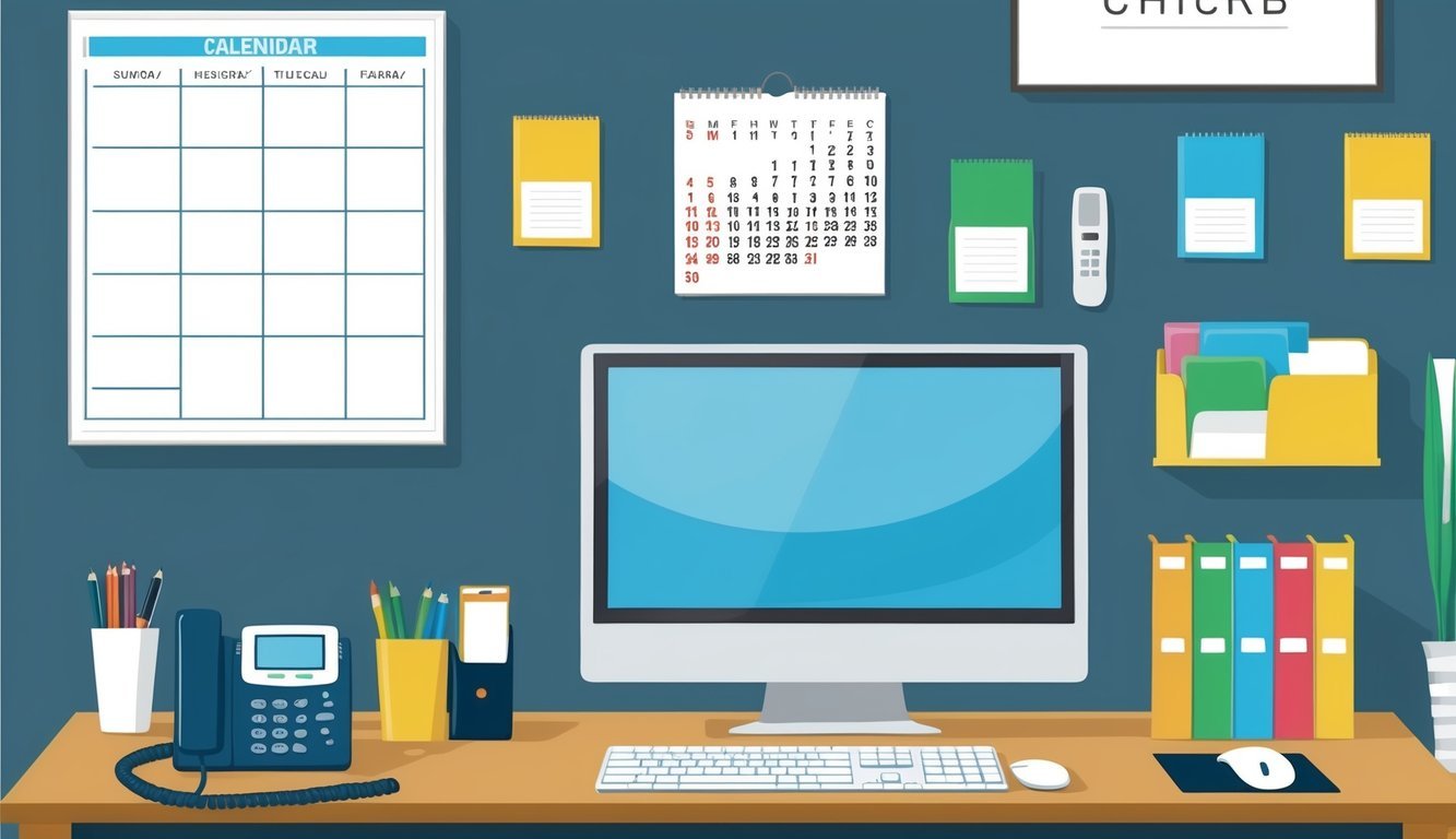 A desk with a computer, phone, and files.</p><p>A calendar on the wall.</p><p>A professional setting with organized supplies