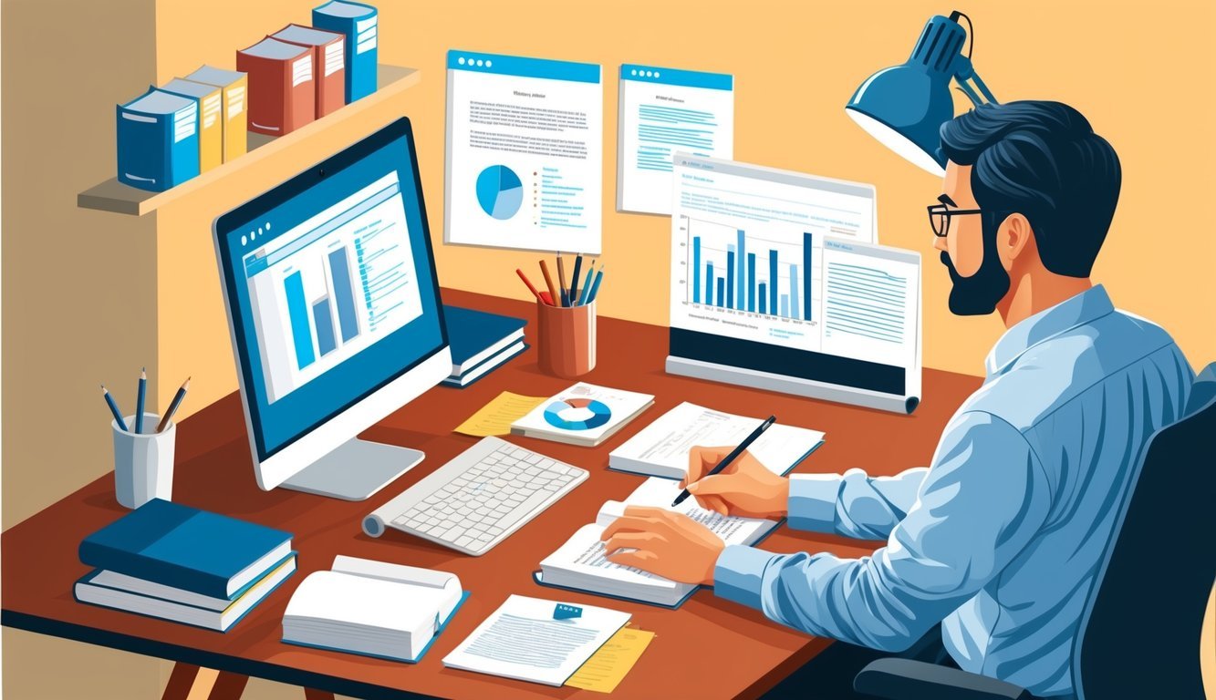 A technical writer researching and writing at a desk with a computer, reference books, and notes spread out