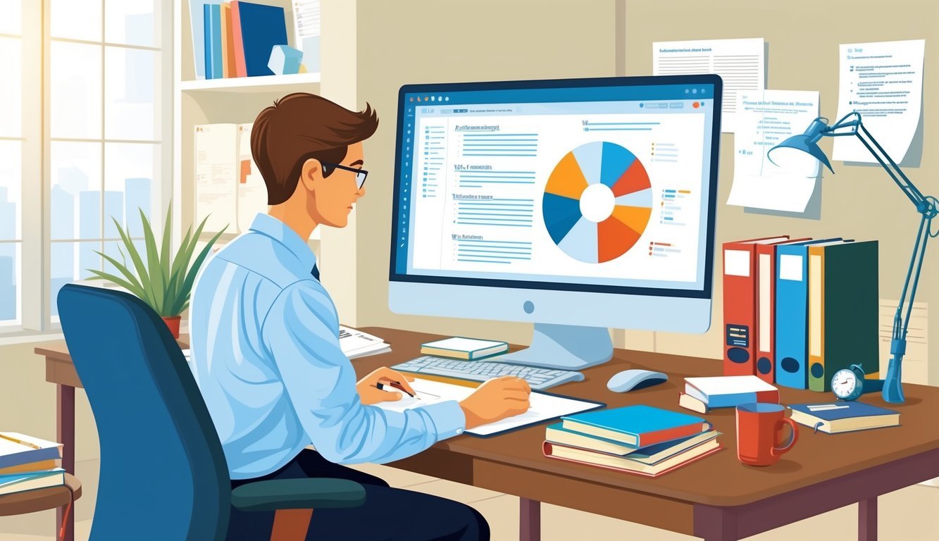 A technical writer researching and writing at a desk with a computer, reference books, and notes, surrounded by a comfortable office environment