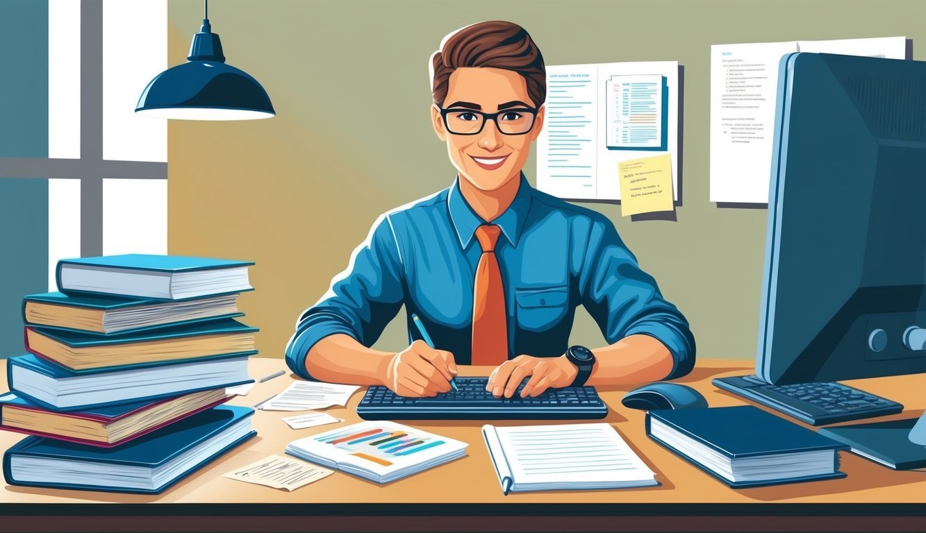 A technical writer at a desk, researching, typing on a computer, surrounded by reference books and notes